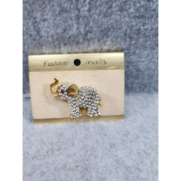 Vintage Gold-Tone Elephant Brooch Pin With Rhinestones & Red Eye Accent - Picture 1 of 4